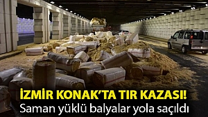 İzmir Konak’ta tır kazası! Saman yüklü balyalar yola saçıldı