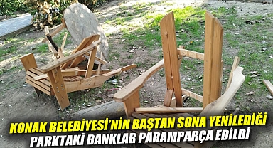 Konak Belediyesi'nin baştan sona yenilediği parktaki banklar paramparça edildi